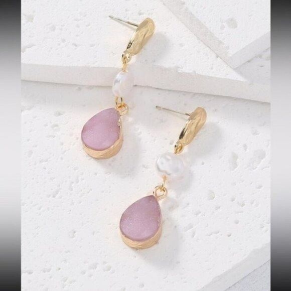 Natural Stone Pink White Drop Earrings - Picture 1 of 3